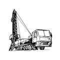 Mobile oil drilling complex. Sketch style drawing isolated on a white background.