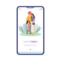 Mobile onboarding page with happy hugging family, flat vector illustration.