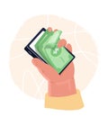 Mobile online payments concept. Human hand holds smartphone with dollar bills. Isometric electronic bill, financial transaction, m