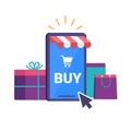 Mobile online shopping illustration. Smartfon online shop. Mobile phone with bush, basket and blue screen.. Flat style Royalty Free Stock Photo