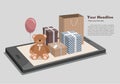 Mobile online shopping isometric concept. Teddy Bear and clorful gifts on phone.