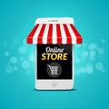 Mobile Online Store concept. Vector illustration business design. Electronic online shop market. Digital marketing Royalty Free Stock Photo