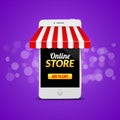 Mobile Online Store concept. Vector illustration business design. Electronic online shop market. Digital marketing Royalty Free Stock Photo