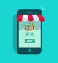 Mobile online store vector, smartphone storefront with shopping cart