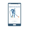 Mobile page of home robot for routine chores, flat vector illustration.