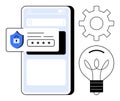 Mobile Password Security Concept with Shield Icon, Gear, Lightbulb, and Smartphone Interface Royalty Free Stock Photo