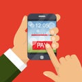 Mobile payment concept. Hand holding a phone. Smartphone wireless money transfer. Flat design. Vector illustration