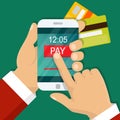 Mobile payment concept. Hand holding a phone. Smartphone wireless money transfer. Flat design. Vector illustration