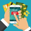 Mobile payment concept. Hand holding a phone. Smartphone wireless money transfer. Flat design. Vector illustration Royalty Free Stock Photo