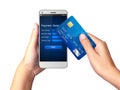 Mobile payment concept, Hand holding Smartphone with processing of mobile payments from credit card Royalty Free Stock Photo