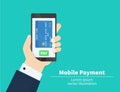 Mobile payment credit card, hand holding phone, flat design vector. Royalty Free Stock Photo