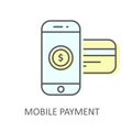 Mobile payment with inserted credit card - online purchase icon, smartphone