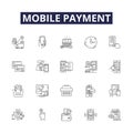 Mobile payment line vector icons and signs. Wallet, mCommerce, NFC, Cashless, Biometrics, Fingerprint, Tokenization, Pay