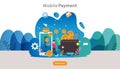 mobile payment or money transfer concept. E-commerce market shopping online illustration with tiny people character. template for