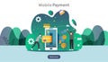 mobile payment or money transfer concept. E-commerce market shopping online illustration with tiny people character. template for Royalty Free Stock Photo