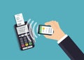 Mobile Payment and NFC technology concept. Male hands using smartphone for online shopping. Flat style illustration.