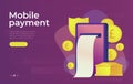 Mobile payment online banking concept. Gold bank building. Web banner.