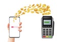Mobile payment. Online banking. Person transfer money using bank acquiring. Realistic flight of gold coins between