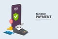 Mobile payment,successful contactless payments via smartphone approved concept. 3d payment terminal with green yes tick mark.