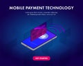 Mobile Payment Technology - online shopping with smartphone 3d isometric vector concept. Credit bank card, security, basket icon Royalty Free Stock Photo