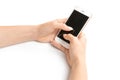 Mobile payment. Woman holding smartphone in female hand with empty blank screen isolated on white background. Cellphone, phone Royalty Free Stock Photo