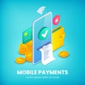 Mobile payments banner, Electronic bank app, Money transfer Isometric concept. Online shopping 3d design template with smartphone Royalty Free Stock Photo