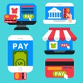 Mobile payments icons vector smartphone transaction ecommerce wallet wireless connection banking card credit pay.