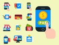 Mobile payments icons vector smartphone transaction ecommerce wallet wireless connection banking card credit pay.