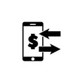 Mobile Payments, Money Transfer via Smartphone. Flat Vector Icon illustration. Simple black symbol on white background. Mobile