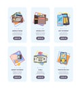 Mobile payments onboarding pages. Web user interface design banners with concept pictures of online banking nfc payment Royalty Free Stock Photo