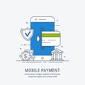 Mobile payments. Thin line modern vector illustration.