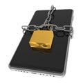 Mobile phone access lock, modern smartphone with blank black screen, metal padlock and chain - 3d illustration as a phone lock
