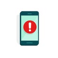 Mobile phone alarm or alert sign vector icon, flat cartoon smartphone display exclamation sign, danger or risk message