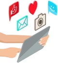 Mobile phone app icons and hands hold tablet. Touch screen smartphone application social media sign Royalty Free Stock Photo