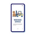 Mobile phone app for warehouse services with yellow forklift carrying cargo.