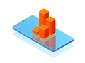 Mobile phone with bar chart on screen, analytics application, banner with smartphone online statistic isometric vector