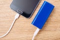 Mobile phone and battery power bank charger on a office desk Royalty Free Stock Photo