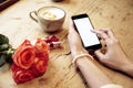 Mobile phone in beautiful woman hands. Lady writing message. Red roses flowers and present box behind on wooden table. St. Valenti Royalty Free Stock Photo
