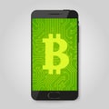 Mobile phone with bitcoin sign. Crypto payment concept. Cryptocurrency sign. Royalty Free Stock Photo