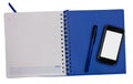 Mobile phone blue diary book isolate background