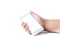 Mobile phone in boy hand with white blank touchscreen Royalty Free Stock Photo