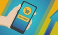 Mobile phone with buy now button for online shopping with blue and yellow background. Flat cartoon illustration of a hand holding Royalty Free Stock Photo