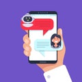 Mobile phone chatting with chat bot, bot conversation online Royalty Free Stock Photo