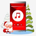 Mobile phone with Christmas music. Winter background. Royalty Free Stock Photo