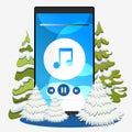 Mobile phone with Christmas music. Winter background and christmas tree. Royalty Free Stock Photo