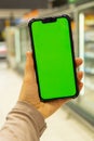 Mobile phone Chroma key on defocused frozen food fridge background. Close up of woman hand holds smart phone with green Royalty Free Stock Photo