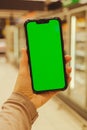 Mobile phone Chroma key on defocused frozen food fridge background. Close up of woman hand holds smart phone with green Royalty Free Stock Photo