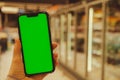 Mobile phone Chroma key on defocused frozen food fridge background. Close up of woman hand holds smart phone with green Royalty Free Stock Photo