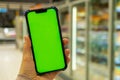 Mobile phone Chroma key on defocused frozen food fridge background. Close up of woman hand holds smart phone with green Royalty Free Stock Photo