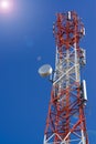 Mobile phone communication antenna tower with satellite dish on Royalty Free Stock Photo